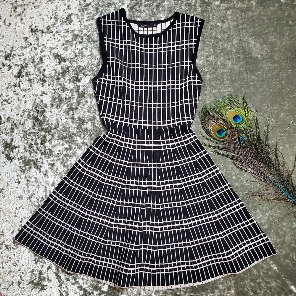 Zara White/Black Patterned Fit & Flare Dress